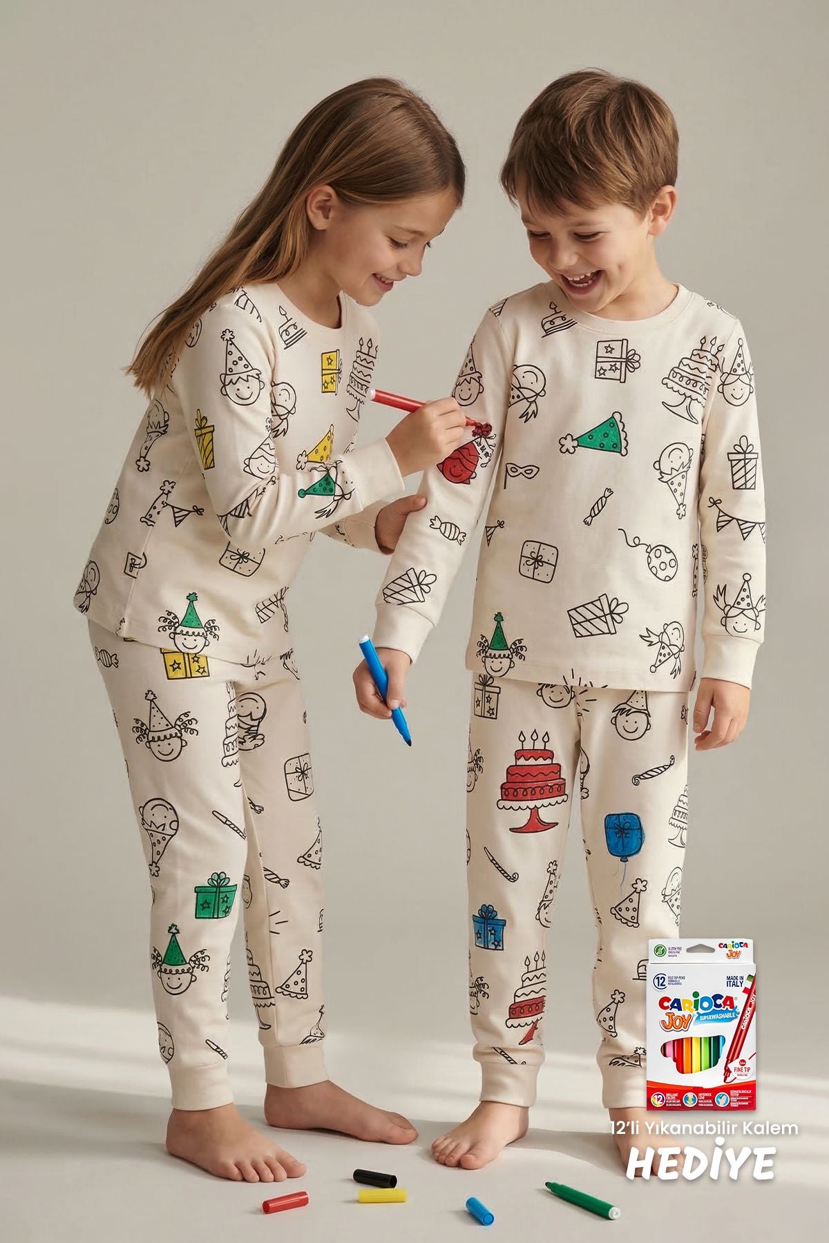 Boyanabilir Doğum Günü Temalı Çocuk Pijama Takımı – Yıkanabilir 12-Li Kalem Hediyeli