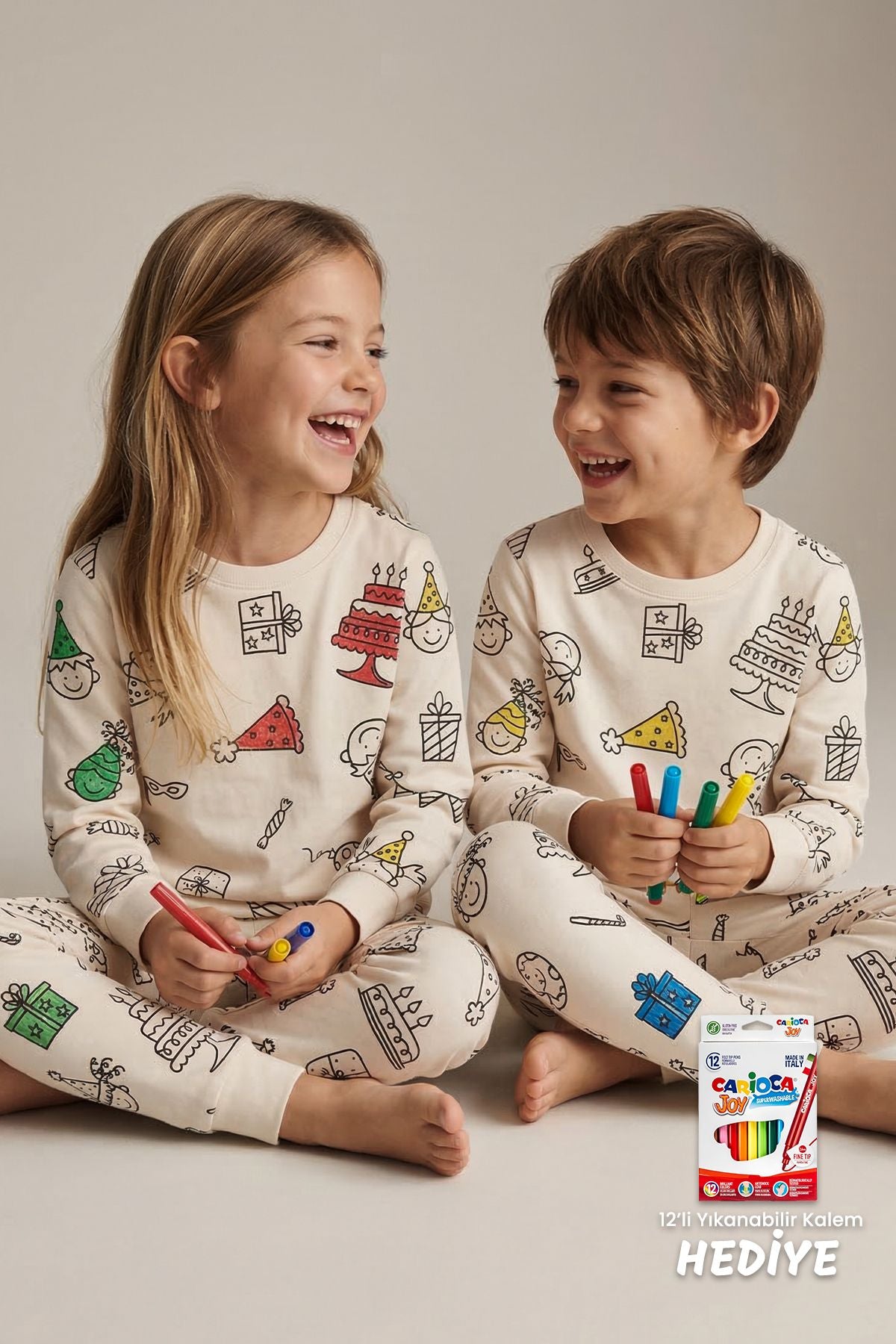 Boyanabilir Doğum Günü Temalı Çocuk Pijama Takımı – Yıkanabilir 12-Li Kalem Hediyeli