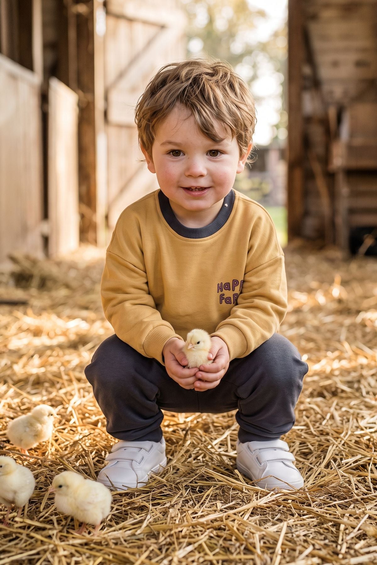 Happy Farm Baskılı Erkek Bebek Sweatshirt Eşofman Alt Üst Takım