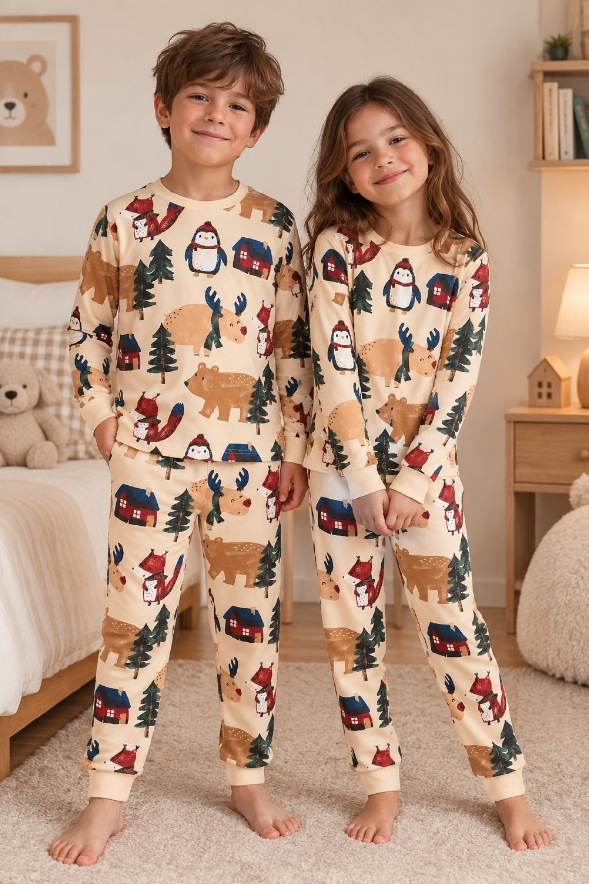 Sevimli Kardan Adam-Penguen Desenli %100 Pamuk Unisex Çocuk Pijama Takımı