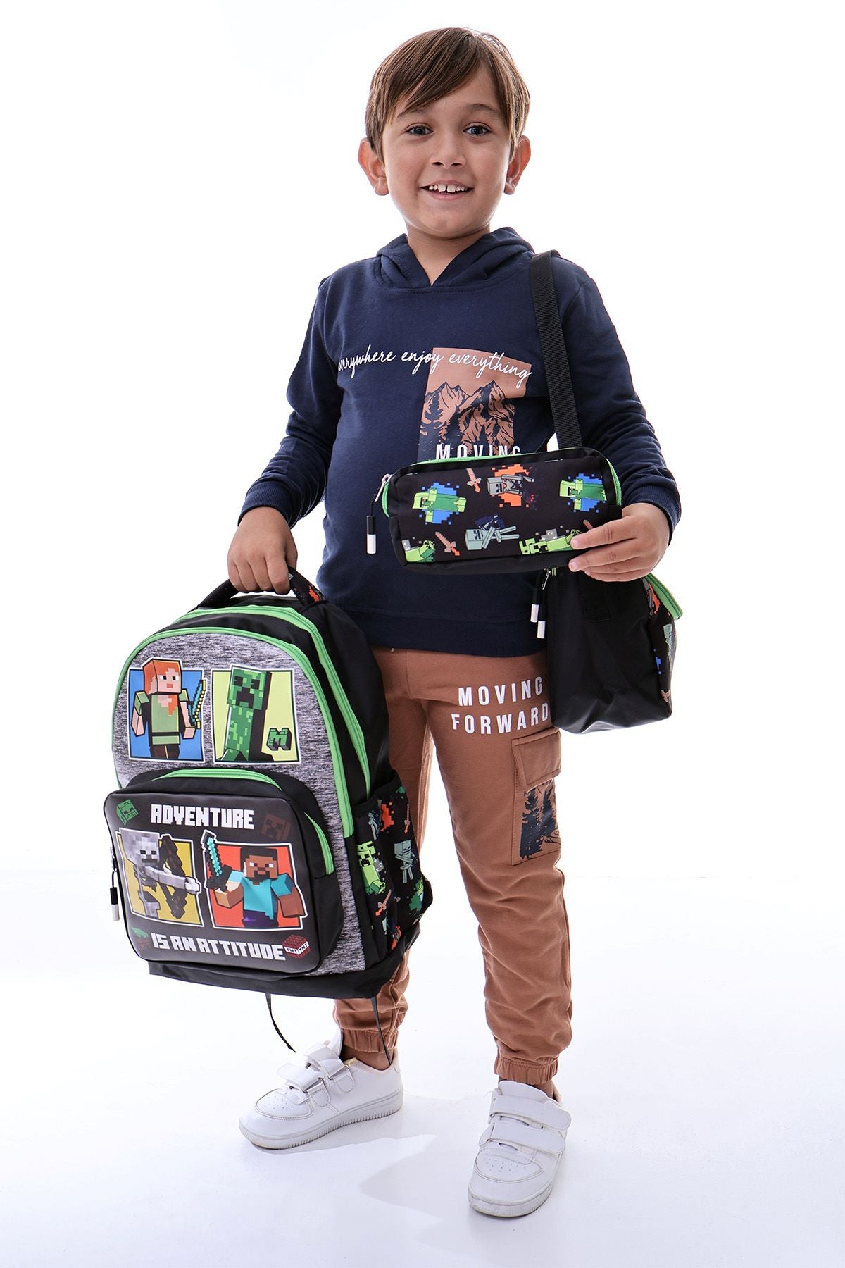 Adventure is An Attıtude Temalı Çocuk Okul Çanta Seti (Sırt Çantası - Beslenme Çantası - Kalemlik)