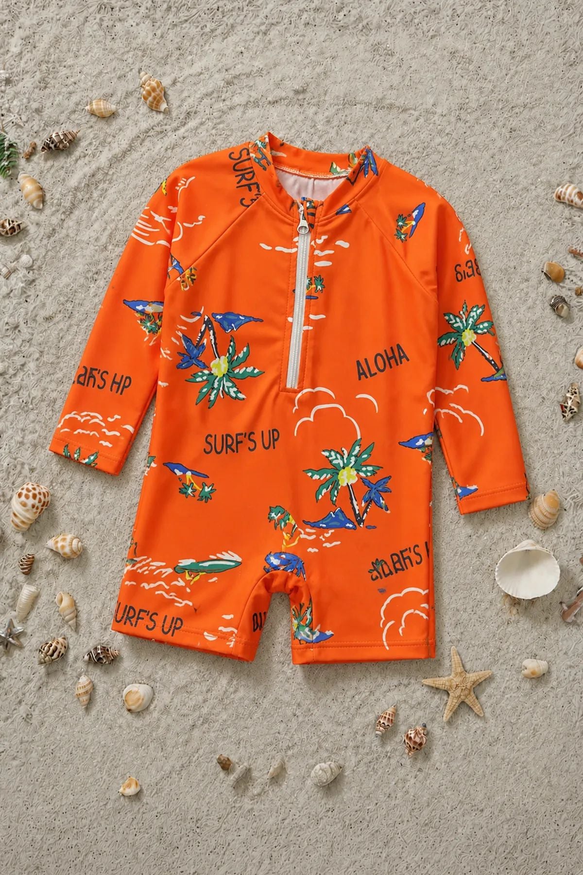 Aloha Surf's Up Turuncu Fermuarlı Uzun Kollu Erkek Bebek Tulum Mayo