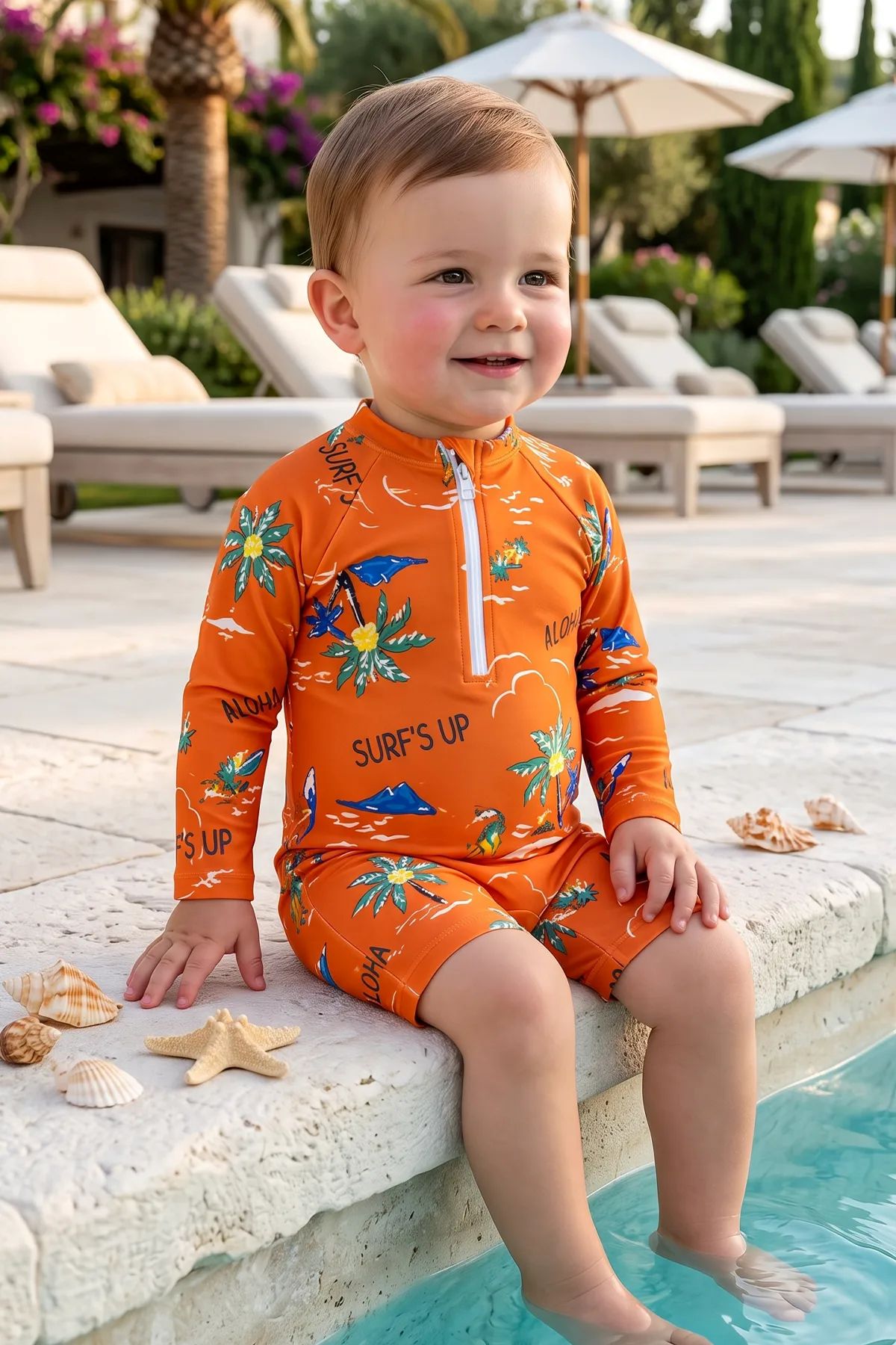 Aloha Surf's Up Turuncu Fermuarlı Uzun Kollu Erkek Bebek Tulum Mayo