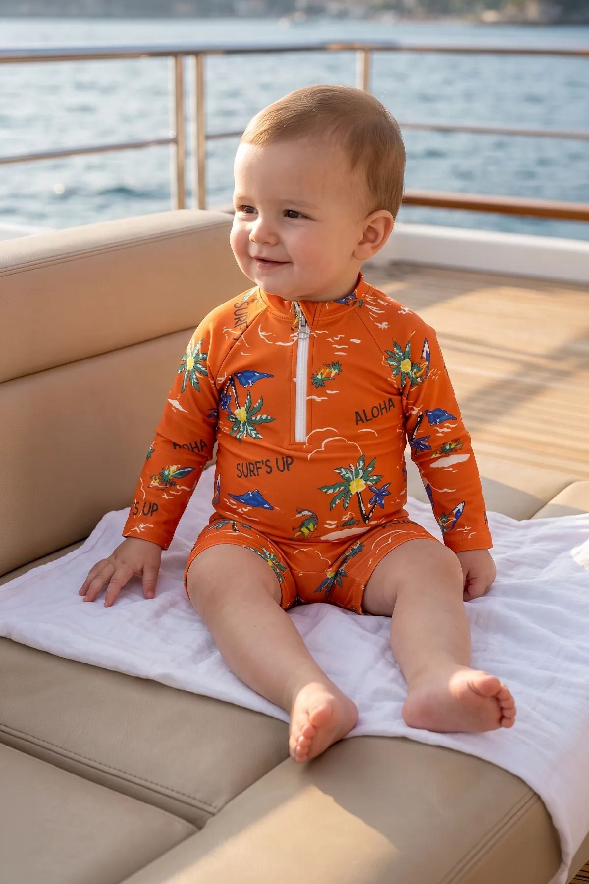Aloha Surf's Up Turuncu Fermuarlı Uzun Kollu Erkek Bebek Tulum Mayo