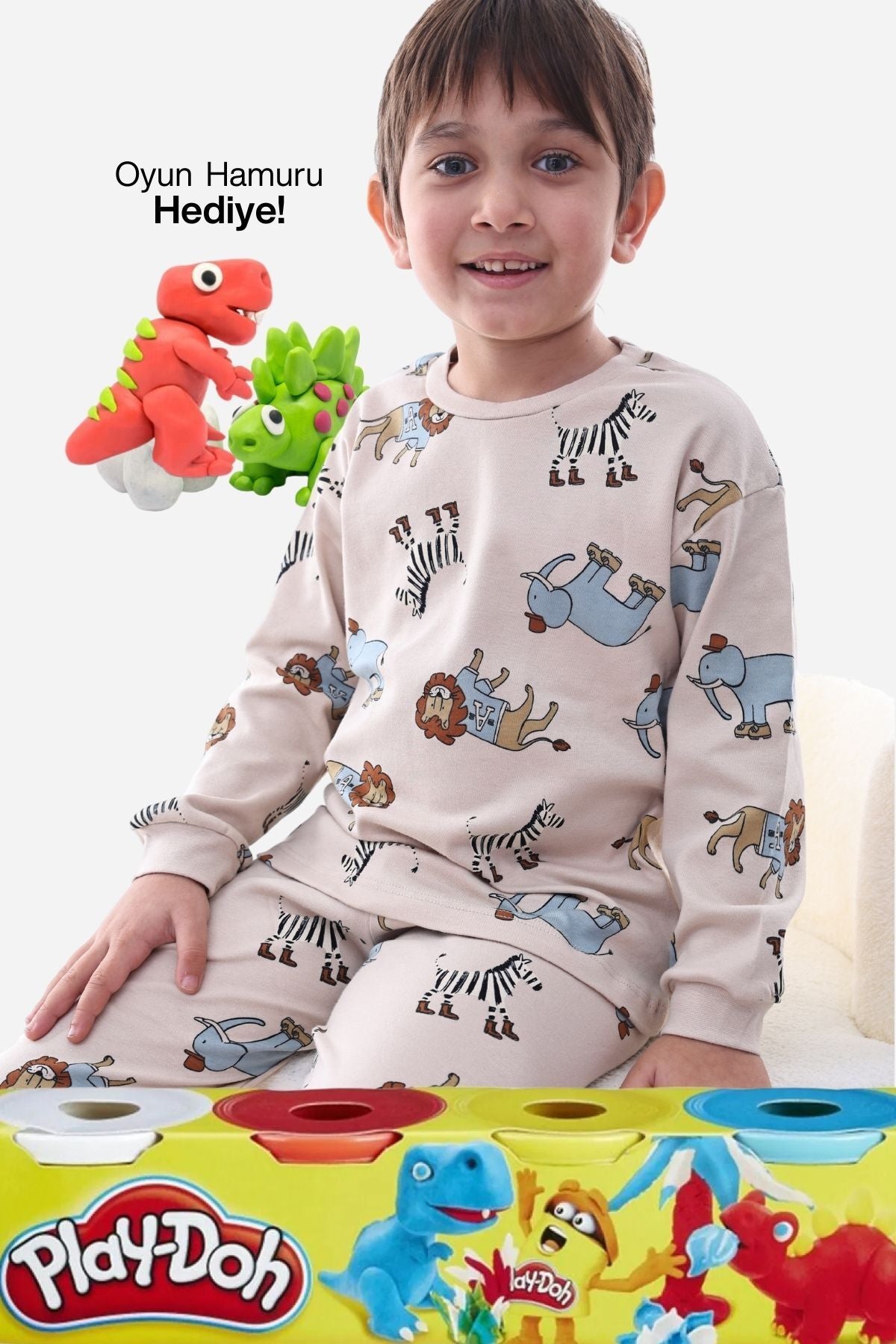 Animal Desenli İnterlok %100 Pamuk Çocuk Pijama Takımı (4'lü Oyun Hamuru HEDİYE)