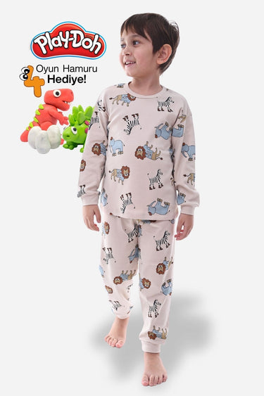 Animal Desenli İnterlok %100 Pamuk Çocuk Pijama Takımı (4'lü Oyun Hamuru HEDİYE)