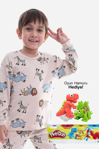 Animal Desenli İnterlok %100 Pamuk Çocuk Pijama Takımı (4'lü Oyun Hamuru HEDİYE)