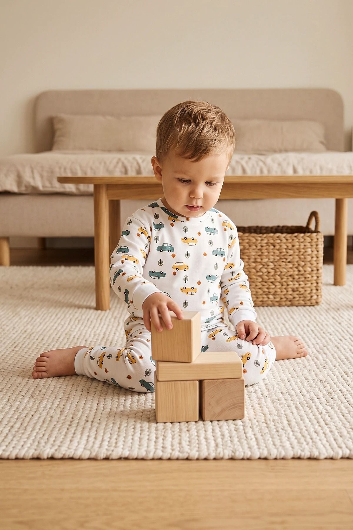Araba Desenli %100 Pamuk Süprem Kumaş Erkek Bebek - Çocuk Pijama Takımı