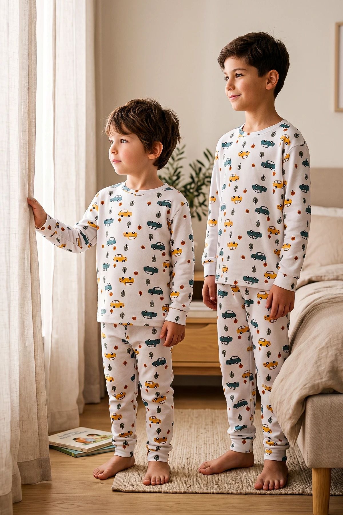 Araba Desenli %100 Pamuk Süprem Kumaş Erkek Bebek - Çocuk Pijama Takımı