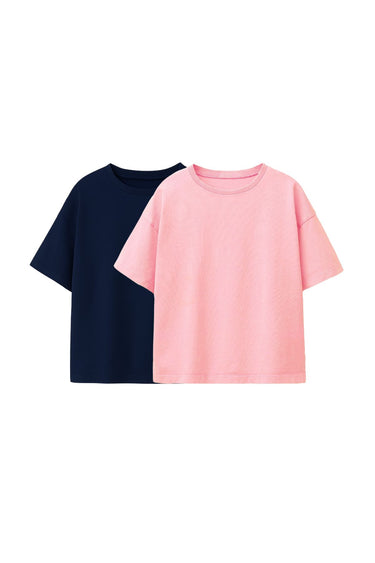Basic 2'Li Kız Çocuk Bisiklet Yaka T-Shirt ( Lacivert - Pembe )