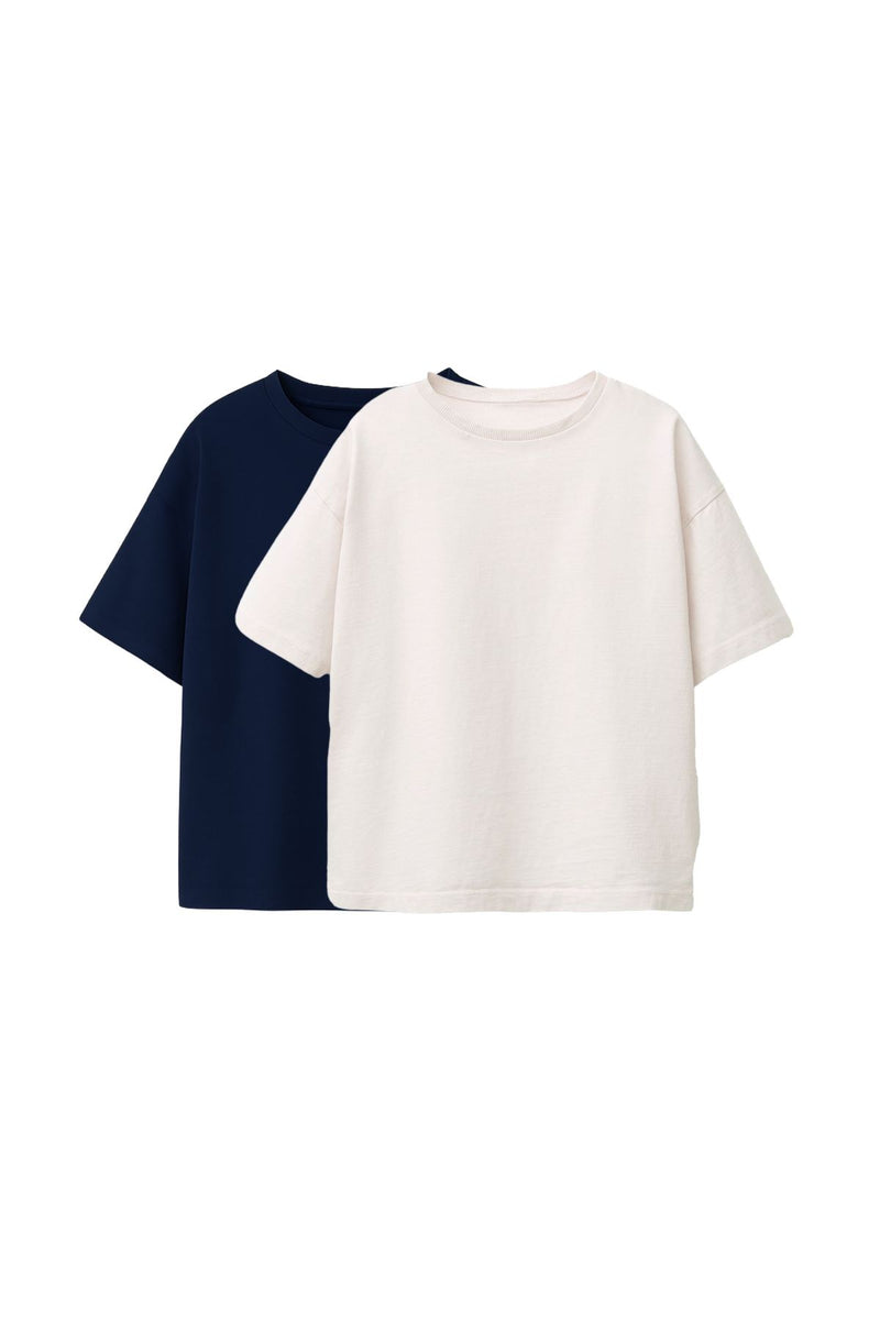Basic 2'Li Unisex Bisiklet Yaka T-Shirt ( Lacivert - Beyaz )