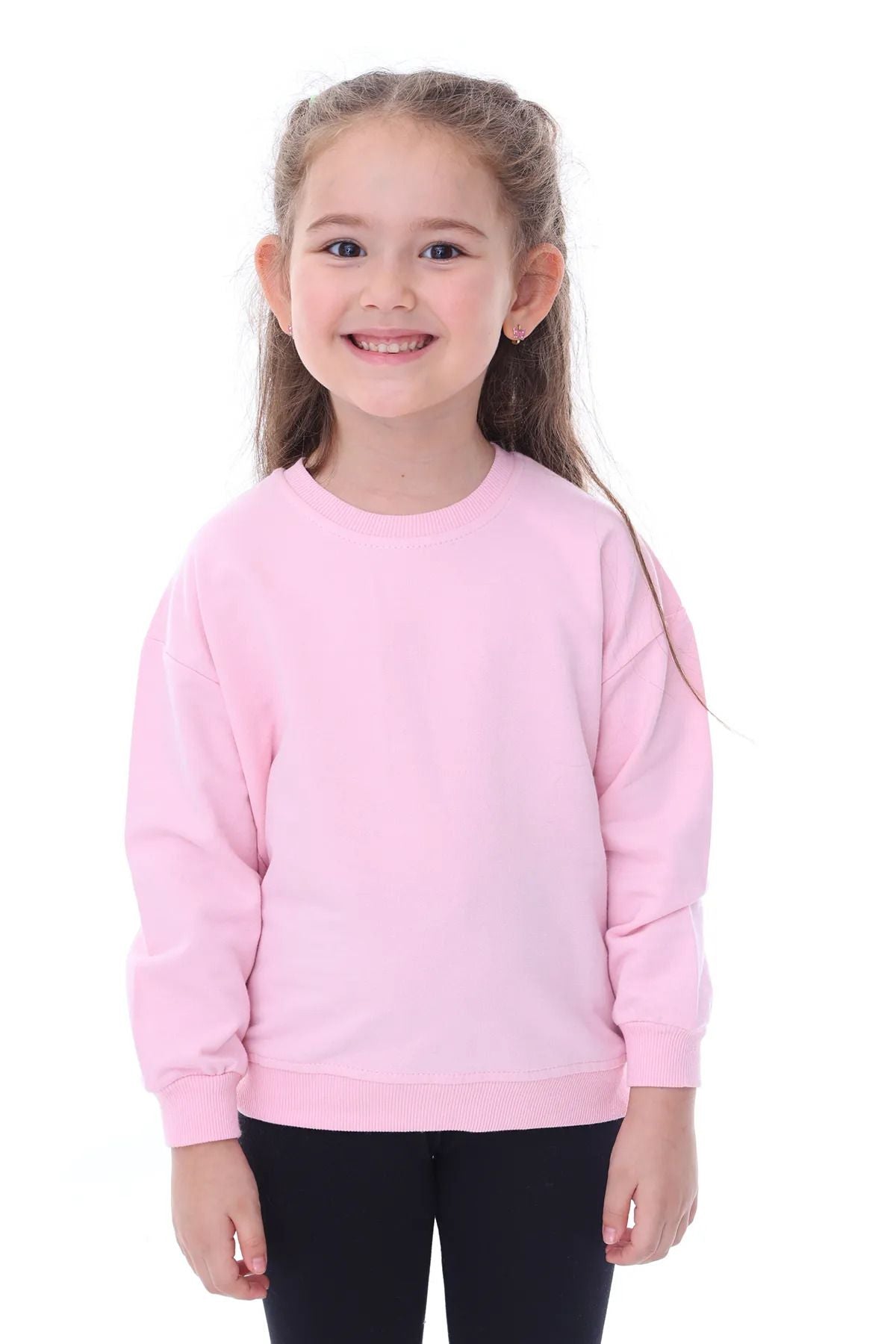 Basic Düz Renk Pembe Fırçalı Yumuşak %100 Pamuk Sweatshirt