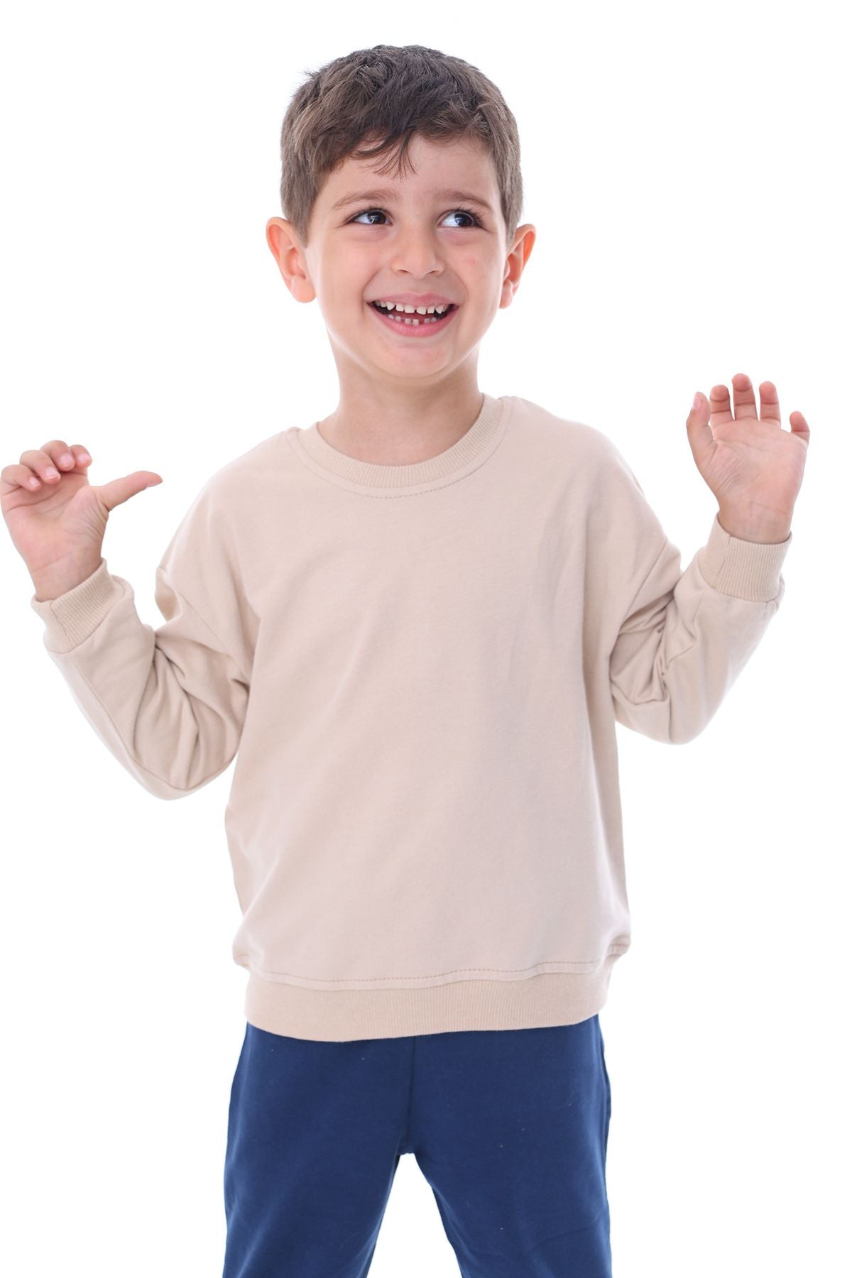 Basic Düz Renk Pembe Fırçalı Yumuşak %100 Pamuk Sweatshirt