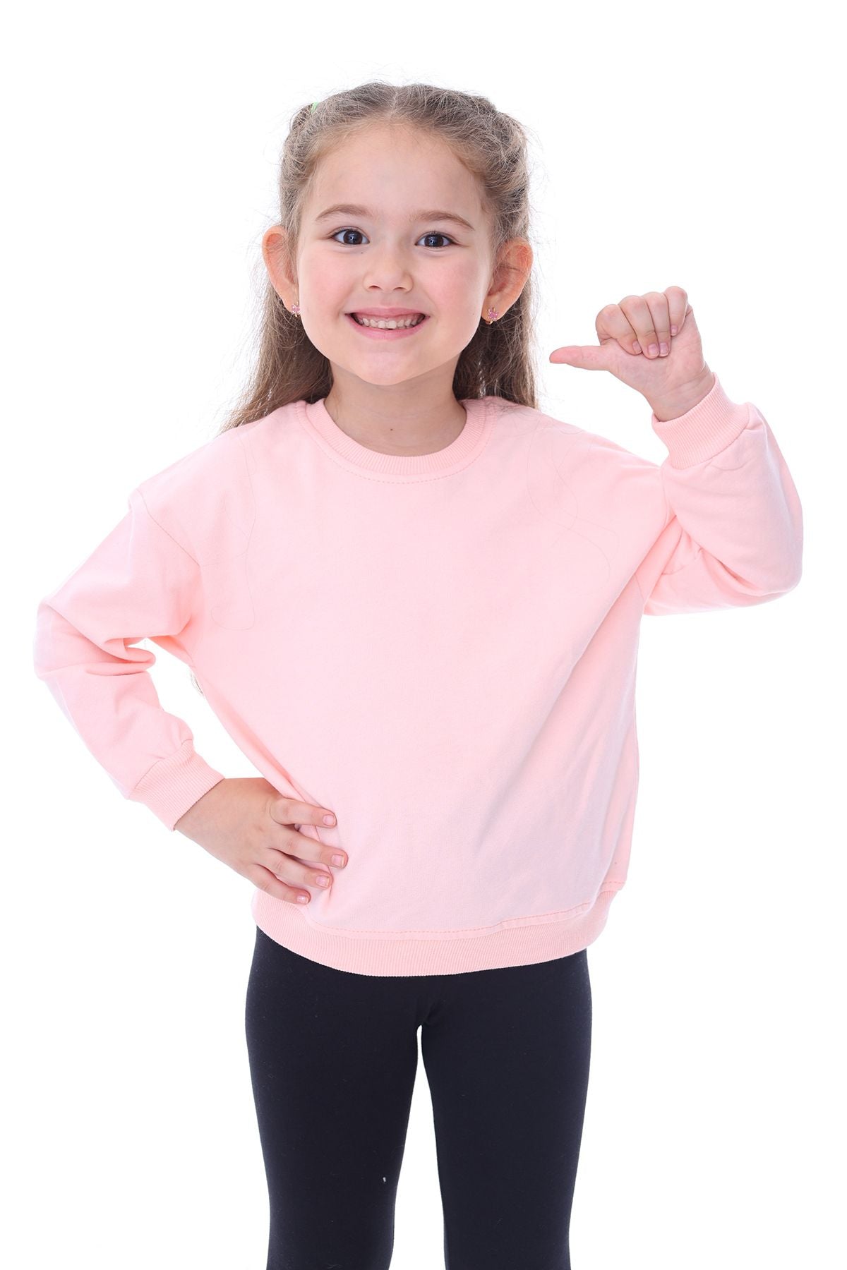 Basic Düz Renk Pembe Fırçalı Yumuşak %100 Pamuk Sweatshirt