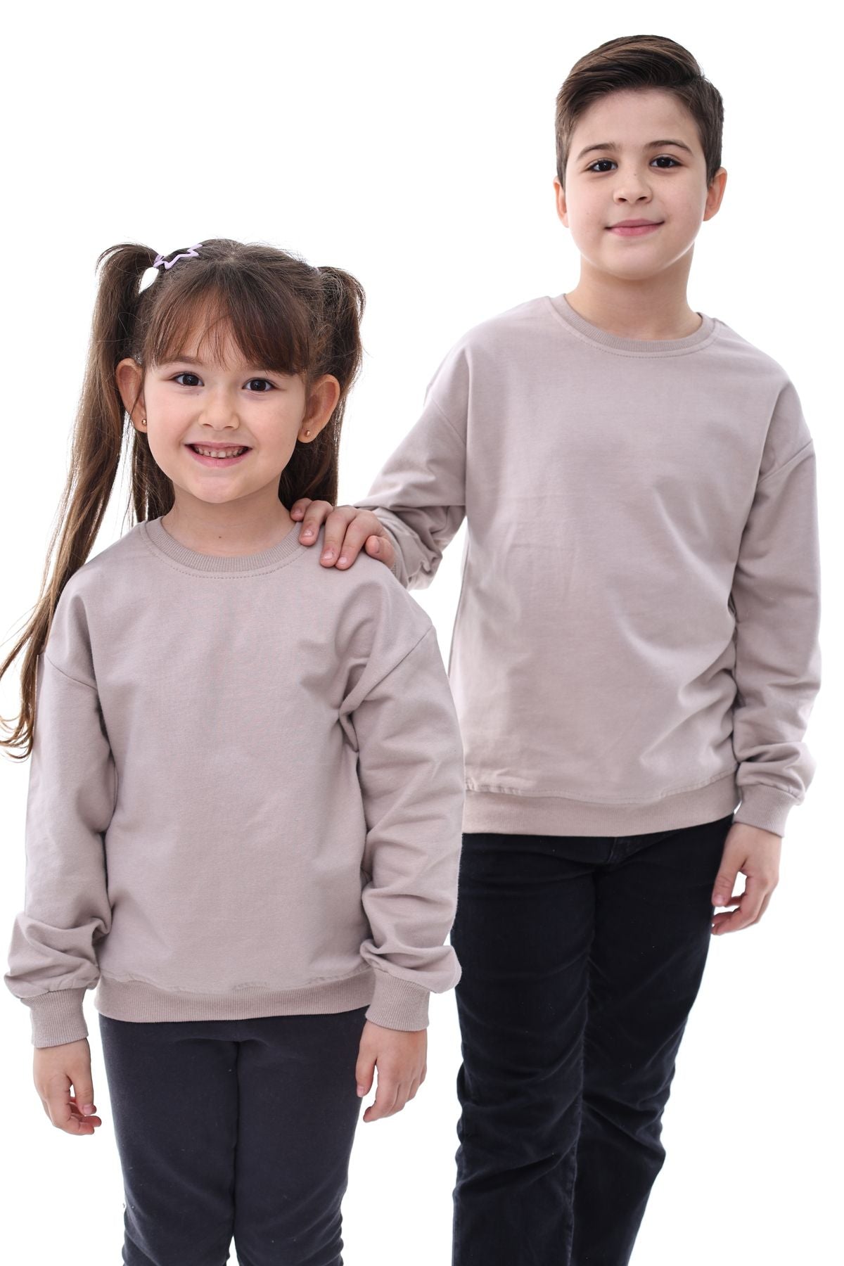 Basic Düz Renk Vizon Fırçalı Yumuşak Pamuk Sweatshirt