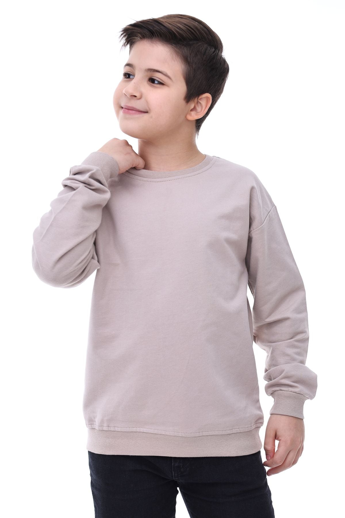 Basic Düz Renk Vizon Fırçalı Yumuşak Pamuk Sweatshirt