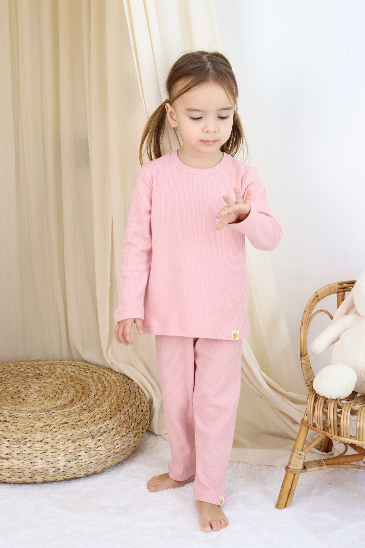 Basic Fitilli İnterlok Kumaş %100 Pamuk 1-5 Yaş Beyaz Bebek Pijama Takımı