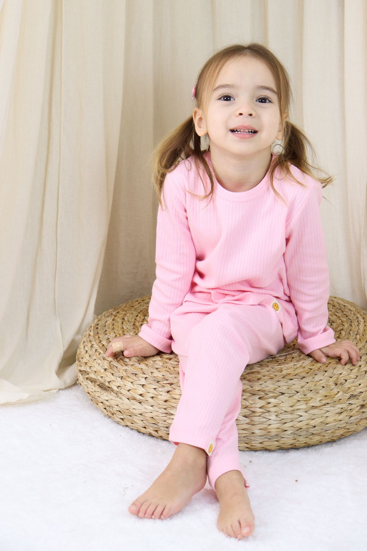 Basic Fitilli İnterlok Kumaş %100 Pamuk 1-5 Yaş Beyaz Bebek Pijama Takımı
