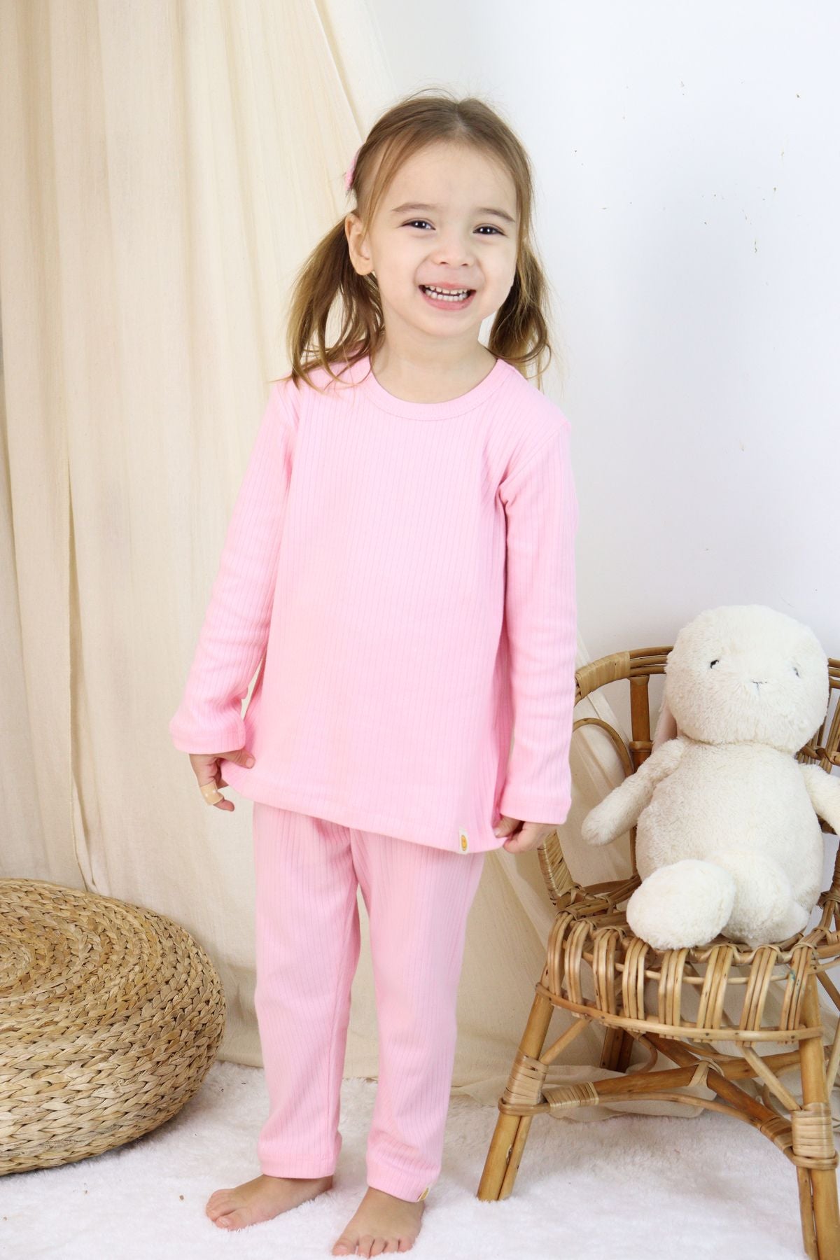 Basic Fitilli İnterlok Kumaş %100 Pamuk 1-5 Yaş Beyaz Bebek Pijama Takımı