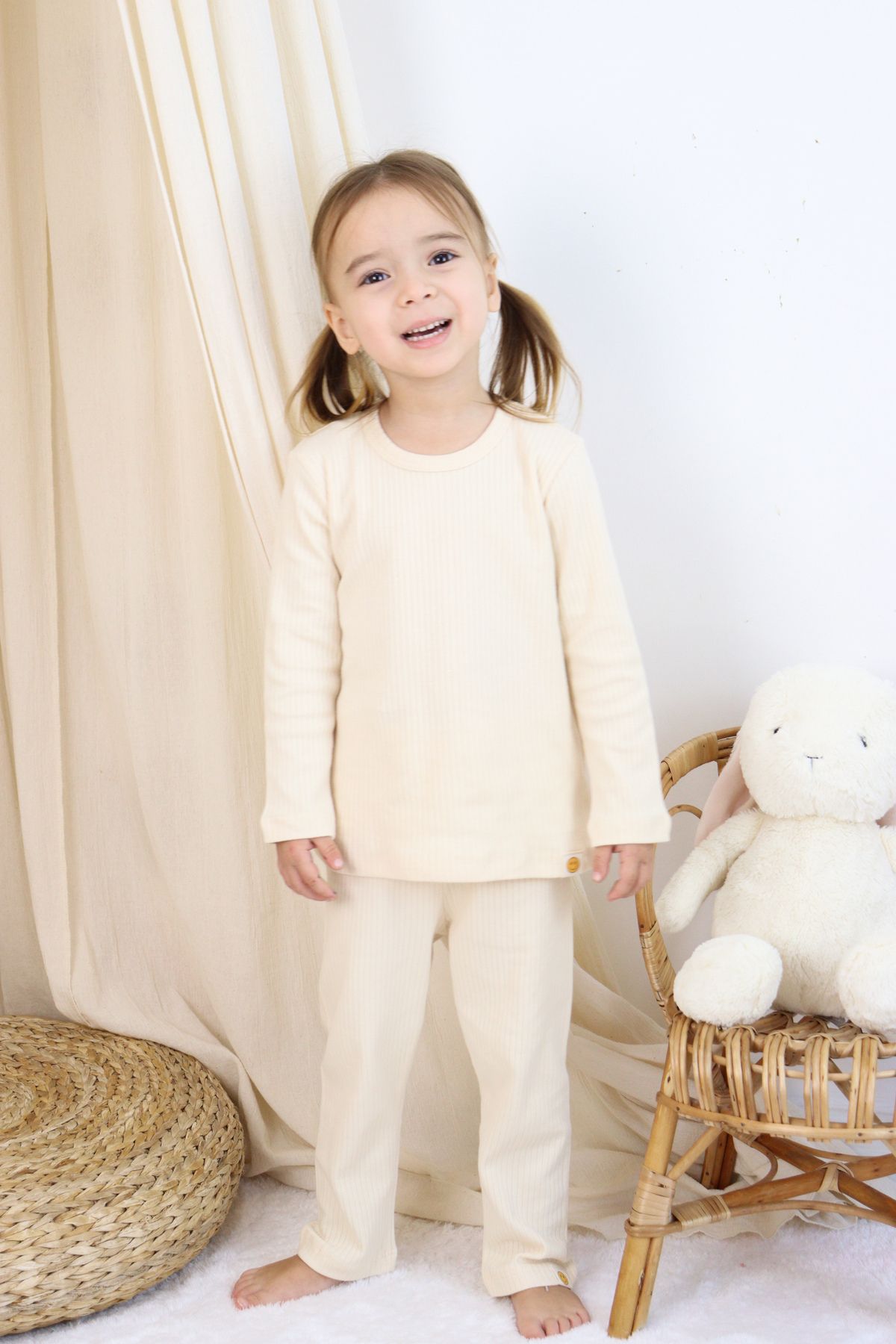 Basic Fitilli İnterlok Kumaş %100 Pamuk 1-5 Yaş Beyaz Bebek Pijama Takımı