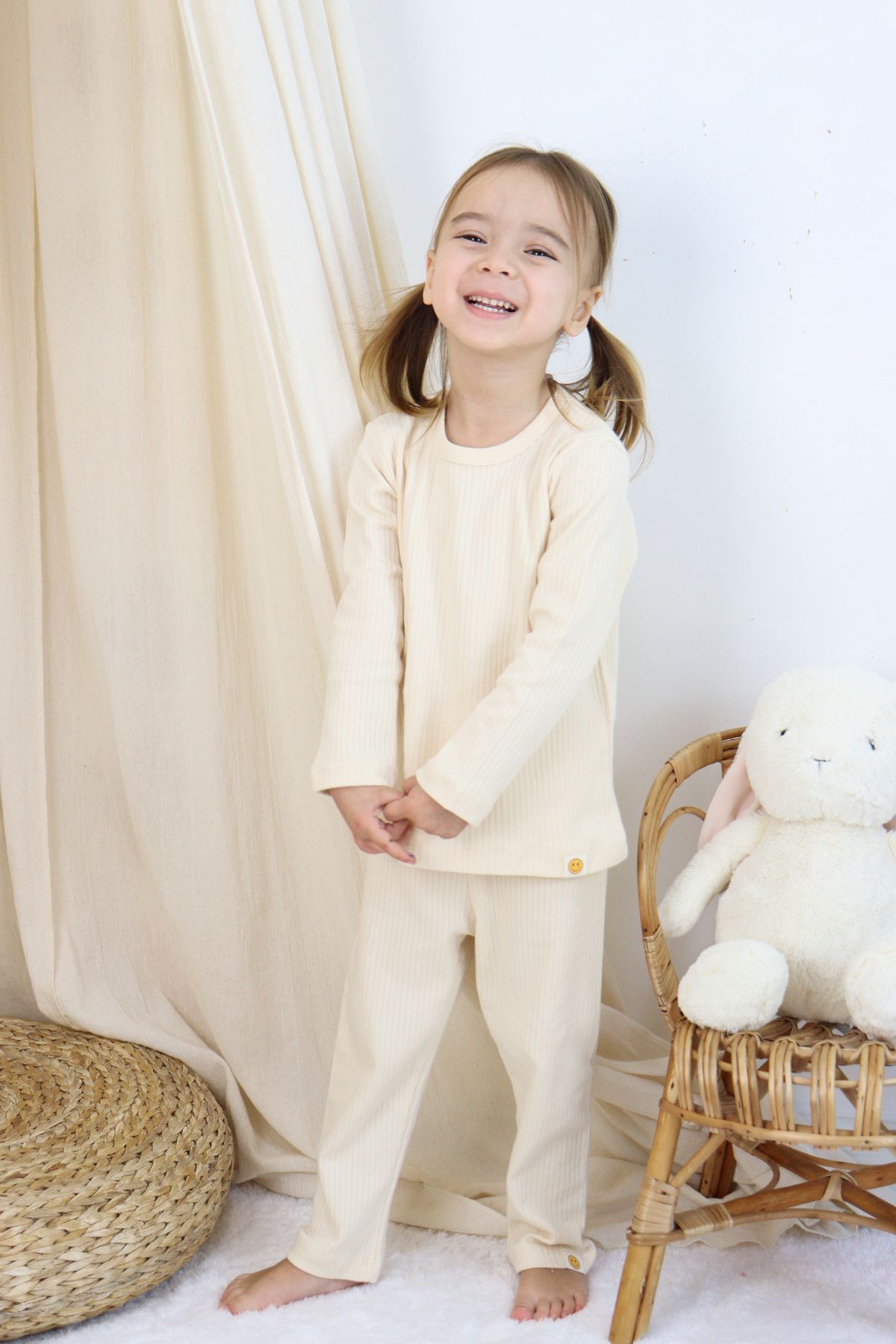 Basic Fitilli İnterlok Kumaş %100 Pamuk 1-5 Yaş Beyaz Bebek Pijama Takımı