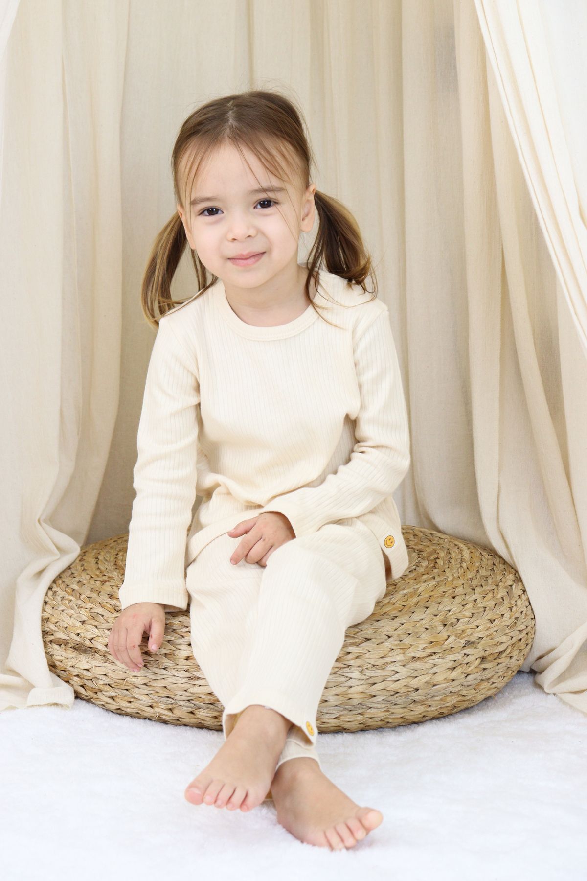 Basic Fitilli İnterlok Kumaş %100 Pamuk 1-5 Yaş Beyaz Bebek Pijama Takımı