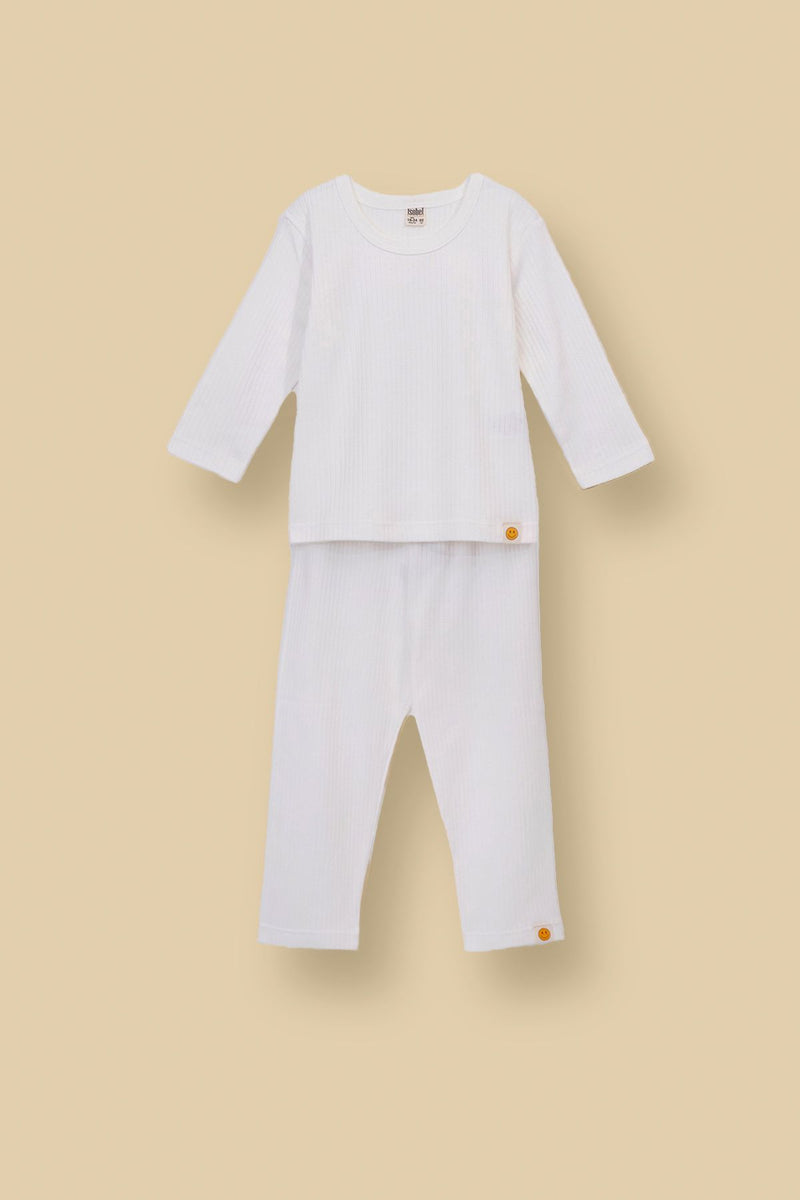 Basic Fitilli İnterlok Kumaş %100 Pamuk 1-5 Yaş Beyaz Bebek Pijama Takımı