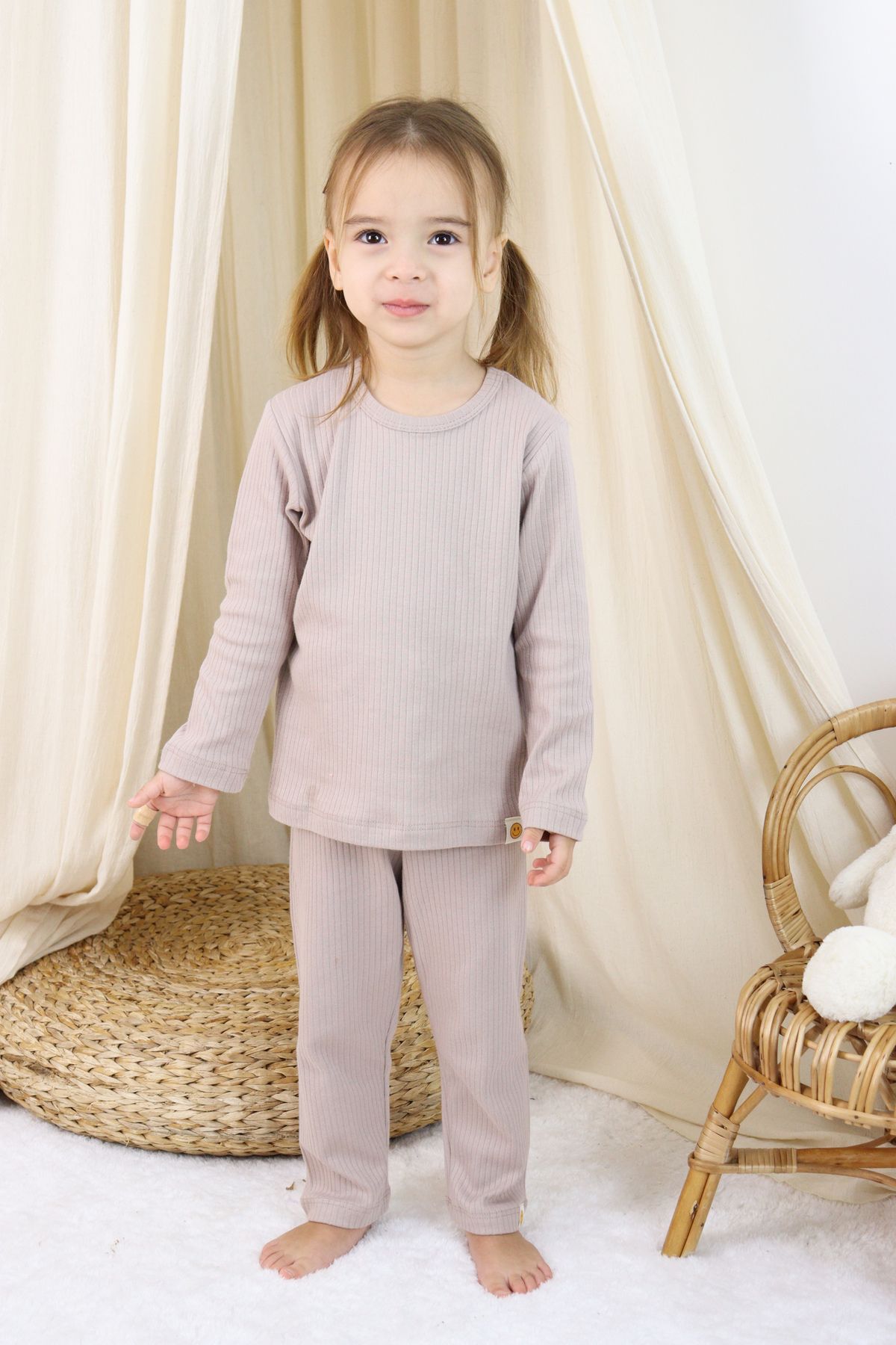 Basic Fitilli İnterlok Kumaş %100 Pamuk 1-5 Yaş Beyaz Bebek Pijama Takımı
