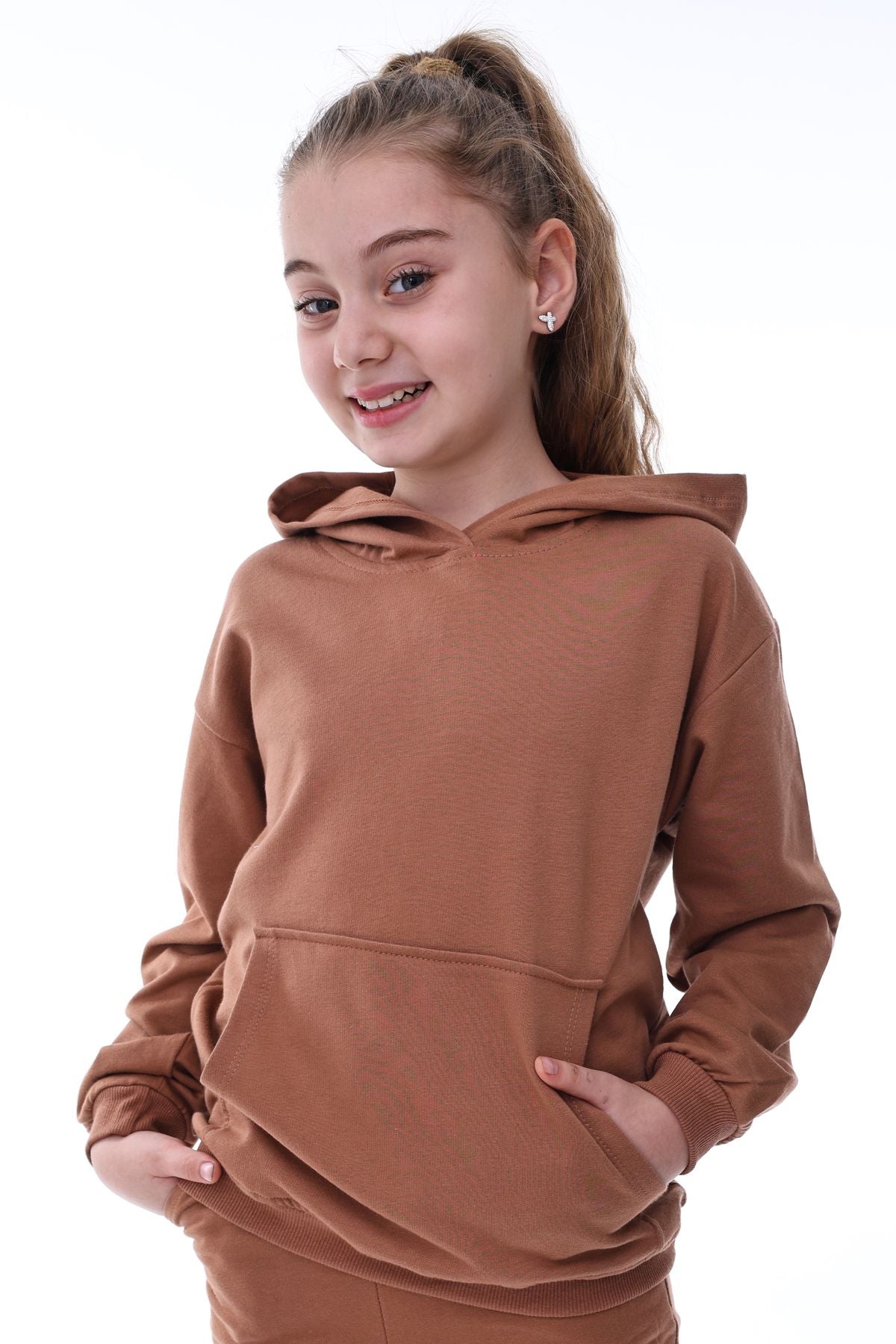 Basic Kapüşonlu Şardonlu Kanguru Cep Detaylı Çocuk Sweatshirt 3-10 Yaş Ekru