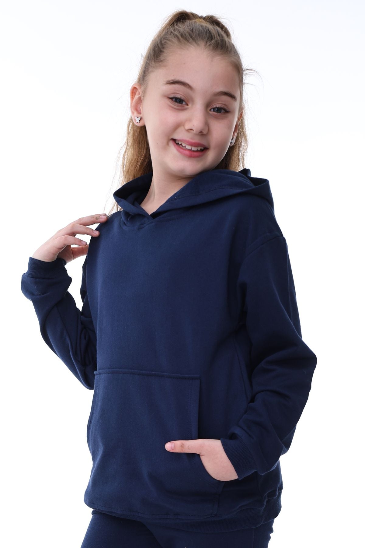Basic Kapüşonlu Şardonlu Kanguru Cep Detaylı Çocuk Sweatshirt 3-10 Yaş Lacivert