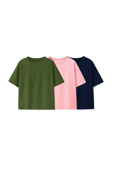 Besic 3'Lü  Kız Çocuk T-Shirt ( Pembe - Haki - Lacivert )