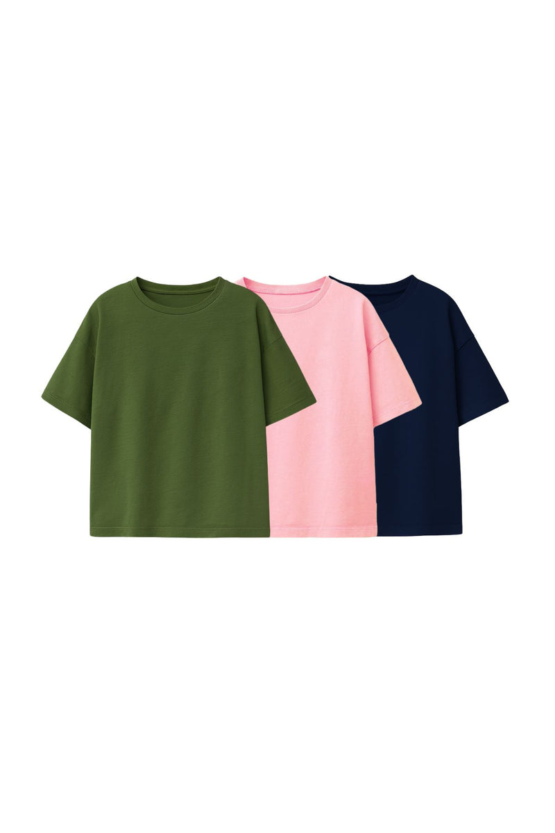 Basic 3'Lü  Kız Çocuk T-Shirt ( Pembe - Haki - Lacivert )