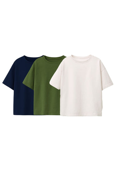 Besic 3'Lü Unisex Çocuk T-Shirt ( Beyaz - Haki - Lacivert  )