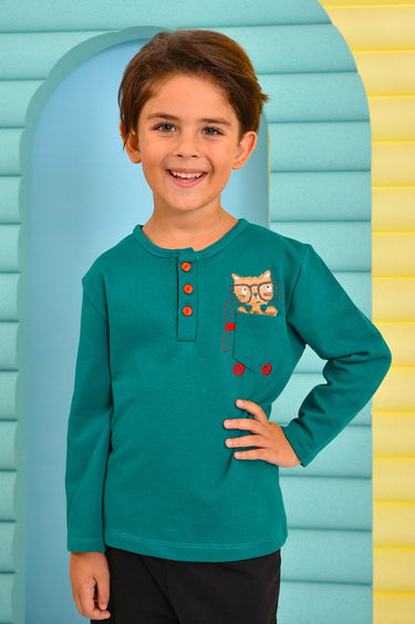 Bilgin Kedi Yeşil Cepli Erkek Çocuk Sweatshirt
