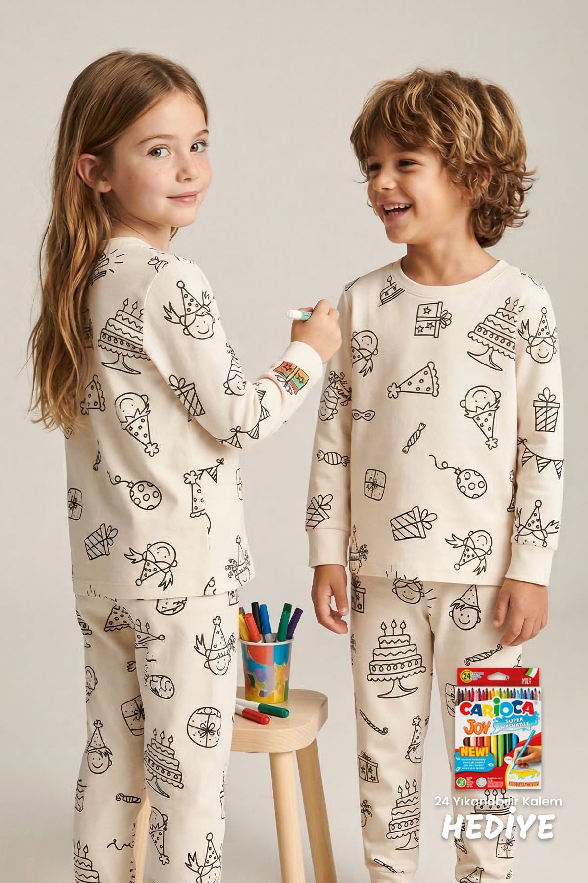 Boyanabilir Doğum Günü Temalı Çocuk Pijama Takımı – Yıkanabilir 24-Lü Kalem Hediyeli