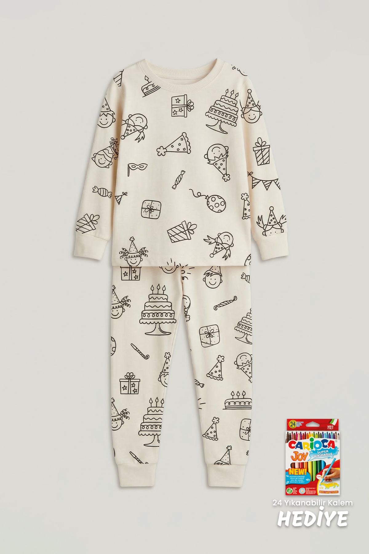Boyanabilir Doğum Günü Temalı Çocuk Pijama Takımı – Yıkanabilir 24-Lü Kalem Hediyeli