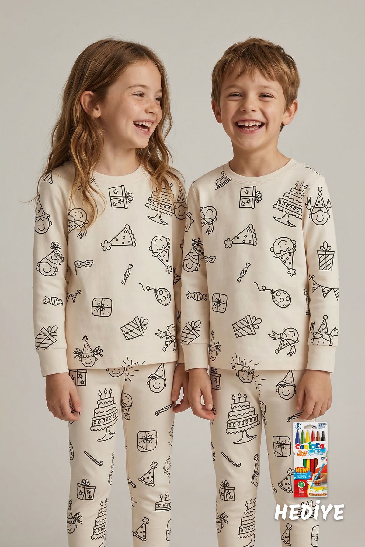 Boyanabilir Doğum Günü Temalı Çocuk Pijama Takımı – Yıkanabilir 6-Lı Kalem Hediyeli