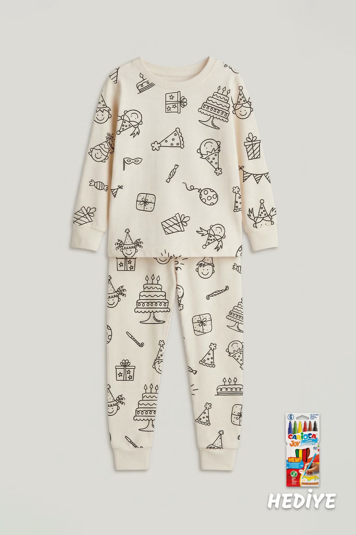 Boyanabilir Doğum Günü Temalı Çocuk Pijama Takımı – Yıkanabilir 6-Lı Kalem Hediyeli