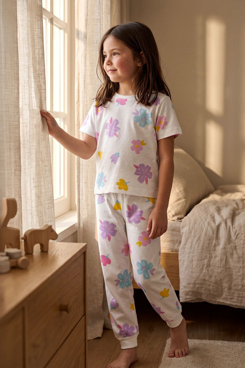 Pastel Renkli Çiçek Desenli Beyaz Kız Çocuk %100 Pamuk Pijama Takımı