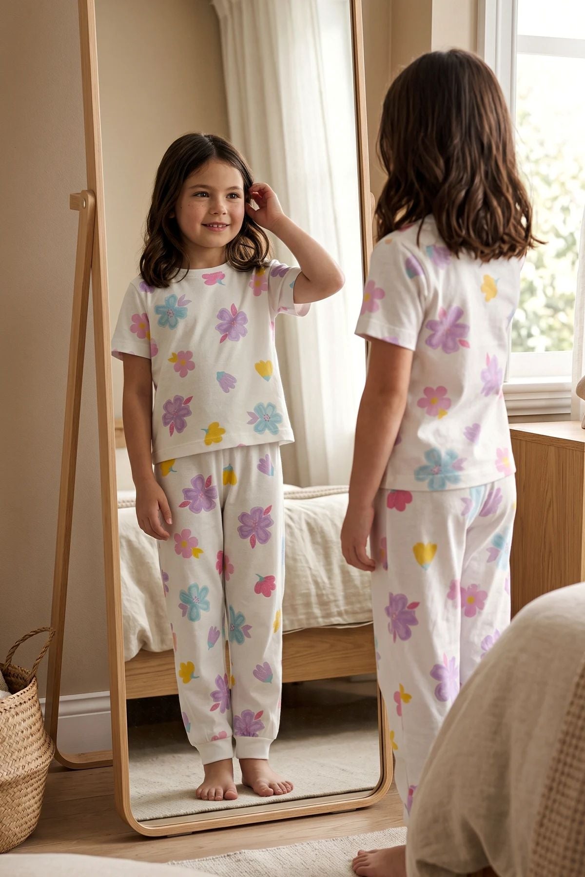 Pastel Renkli Çiçek Desenli Beyaz Kız Çocuk %100 Pamuk Pijama Takımı