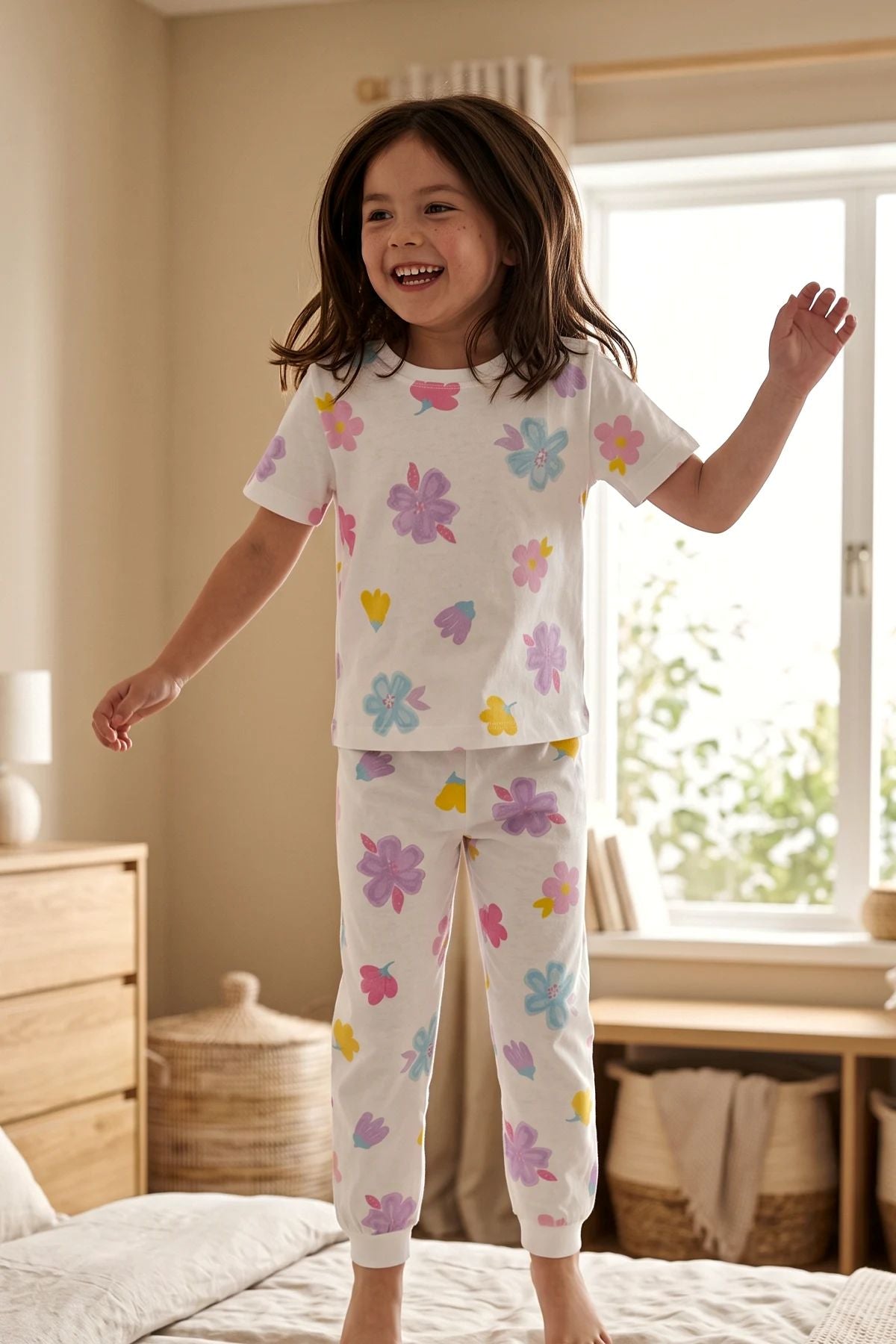 Pastel Renkli Çiçek Desenli Beyaz Kız Çocuk %100 Pamuk Pijama Takımı
