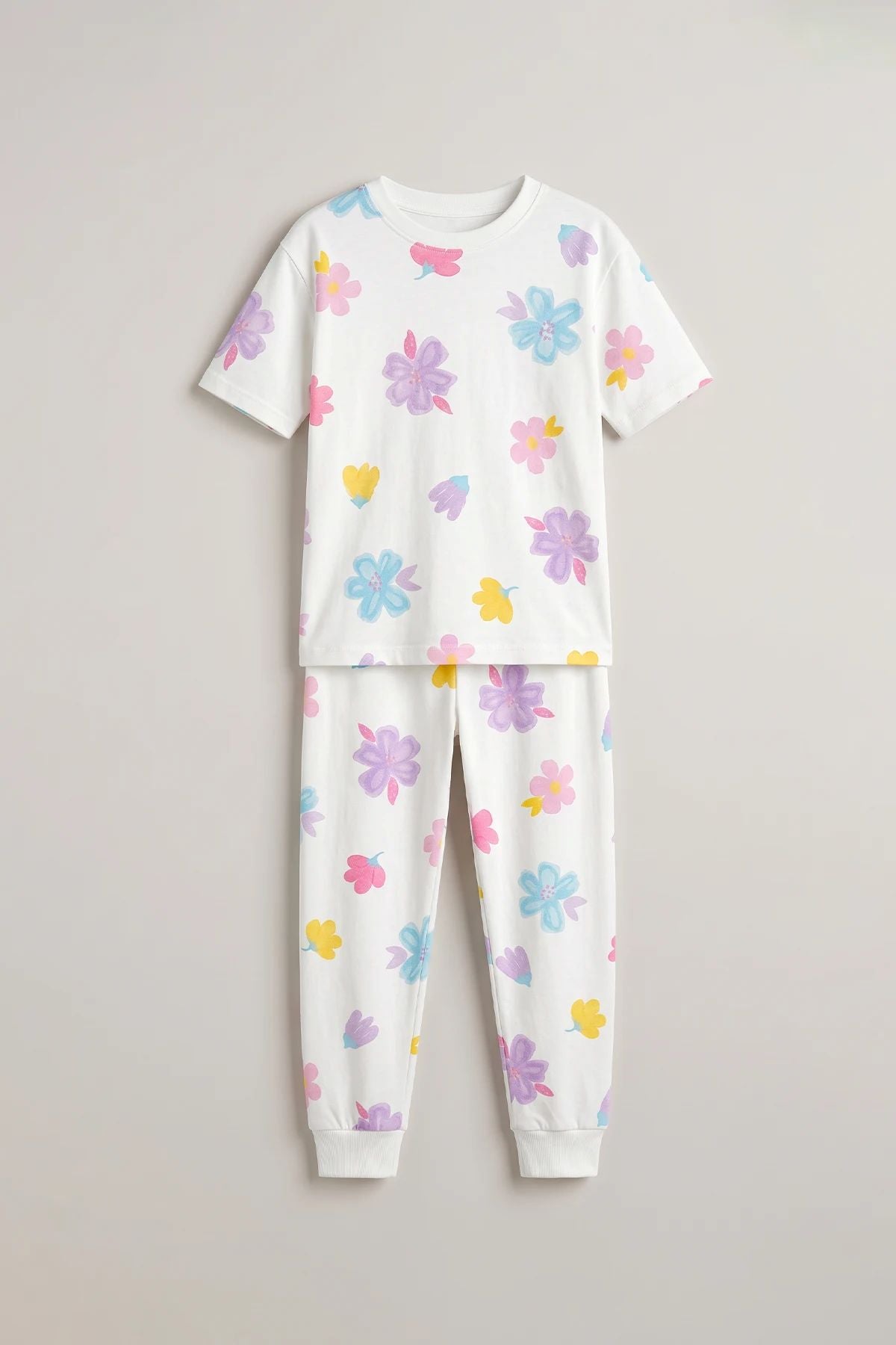 Pastel Renkli Çiçek Desenli Beyaz Kız Çocuk %100 Pamuk Pijama Takımı