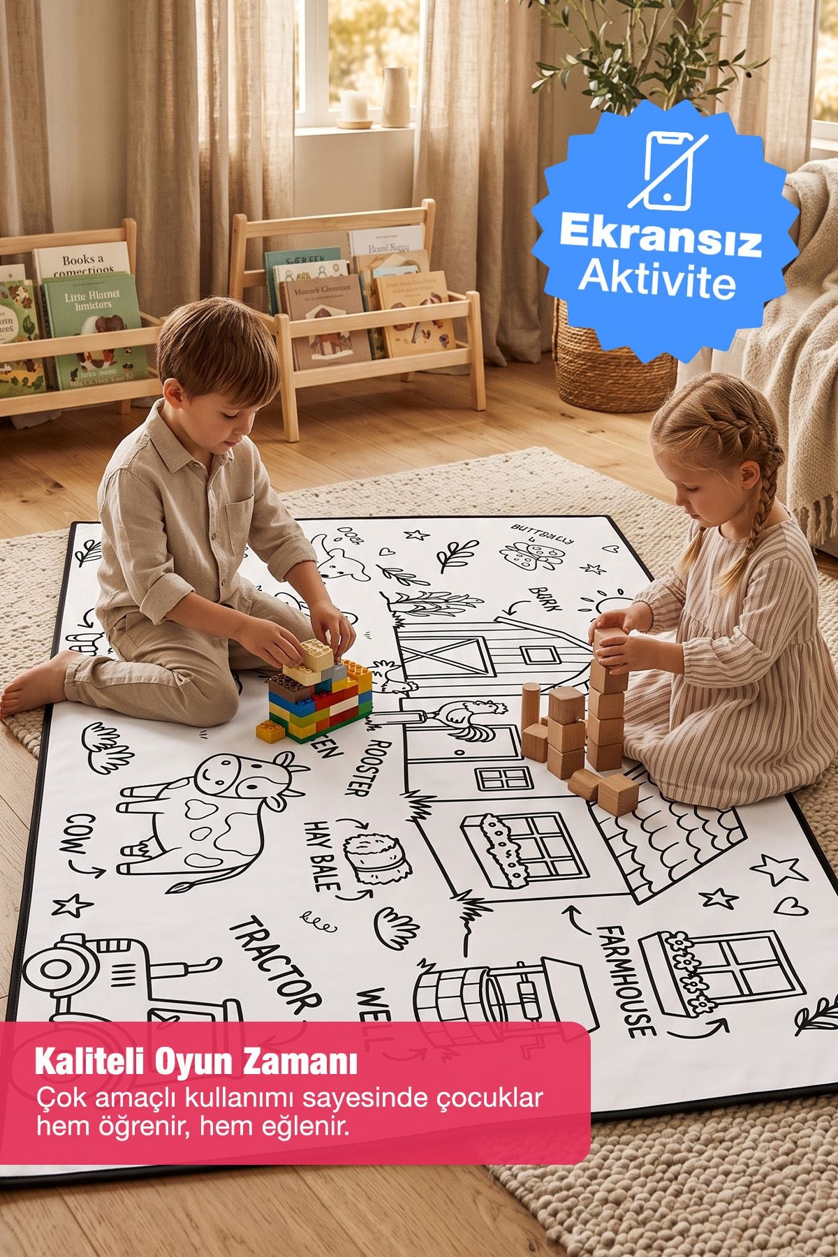 Çiftlik Temalı 70x100 CM Boyutlu boyanabilir Çok Amaçlı Örtü Oyun Halısı - Yıkanabilir Boya Hediyeli