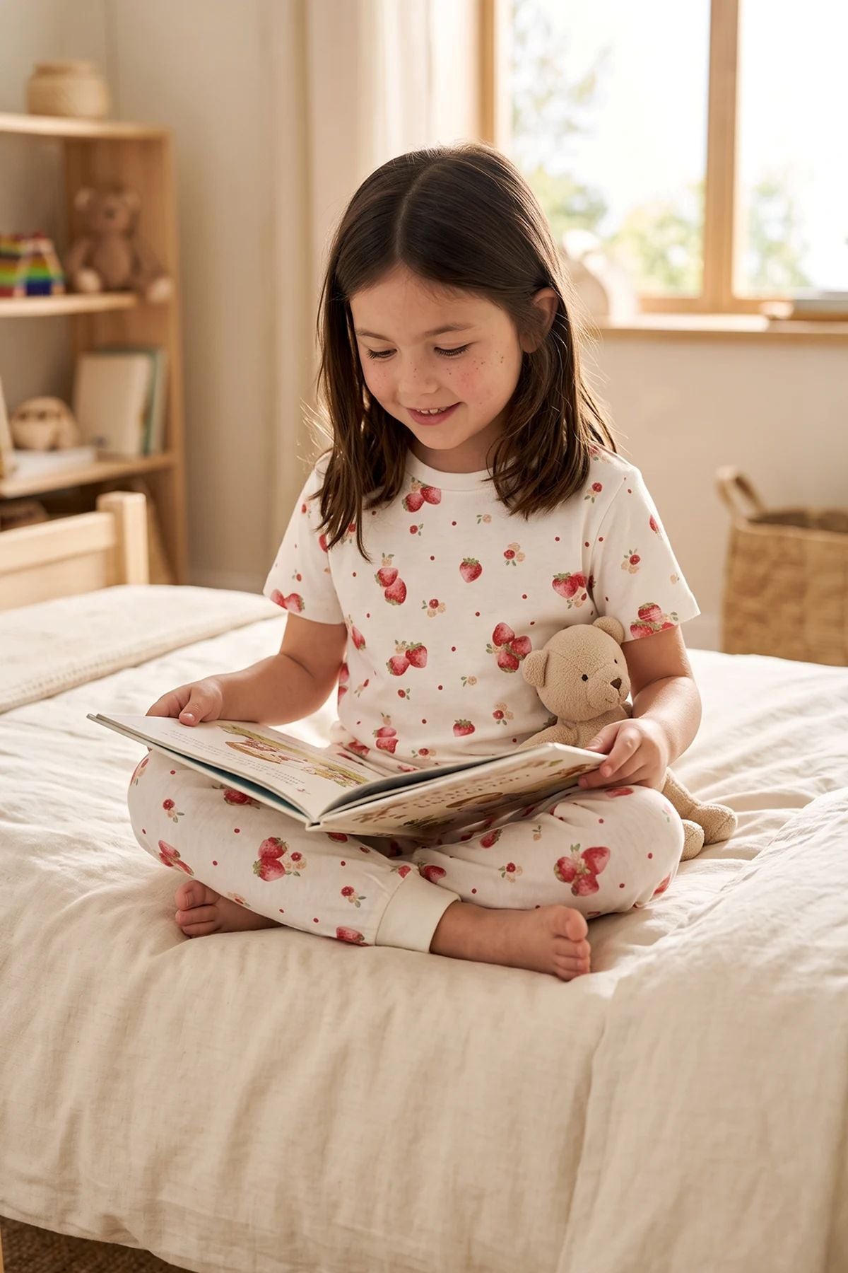 Çilek Desenli Kısa Kollu %100 Pamuk Kız Çocuk Pijama Takımı