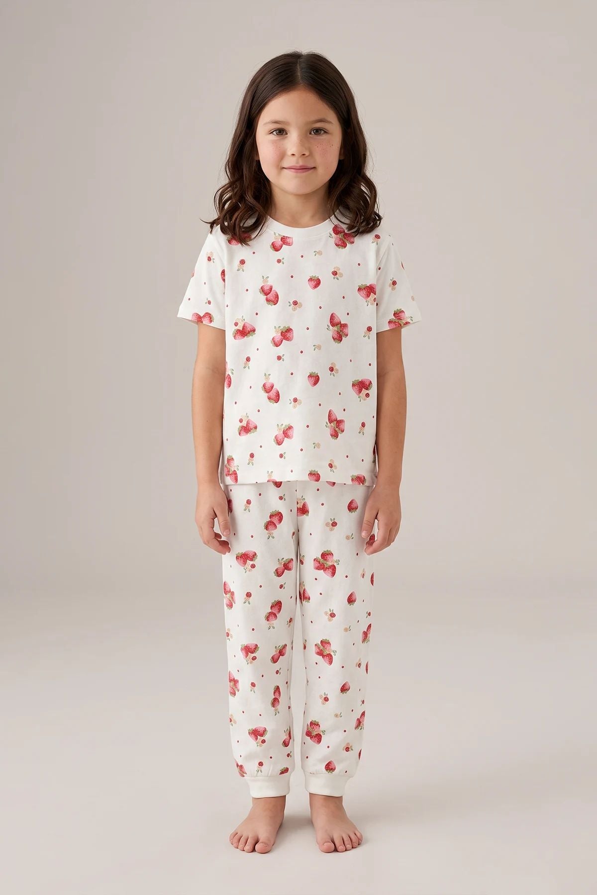 Çilek Desenli Kısa Kollu %100 Pamuk Kız Çocuk Pijama Takımı