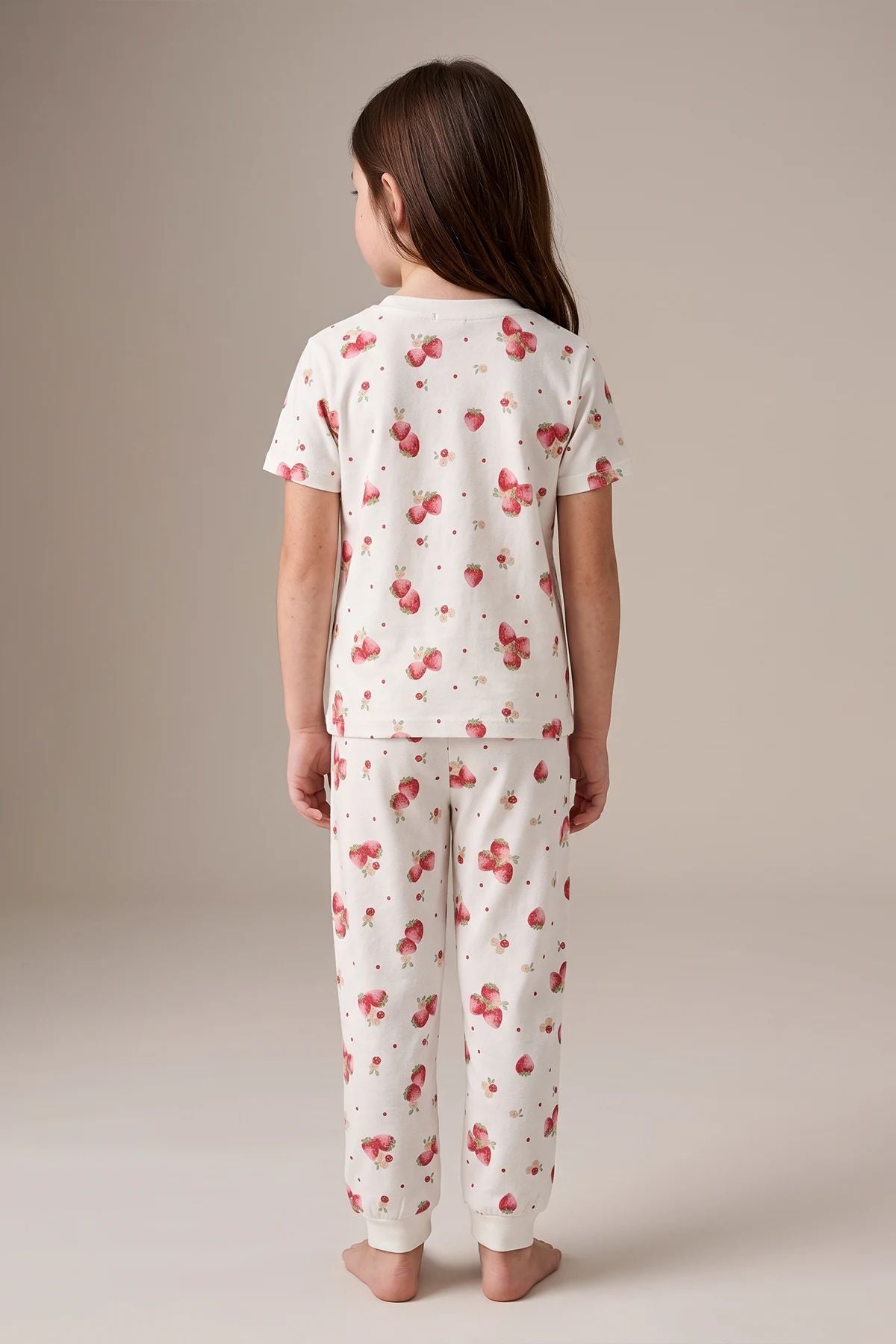 Çilek Desenli Kısa Kollu %100 Pamuk Kız Çocuk Pijama Takımı
