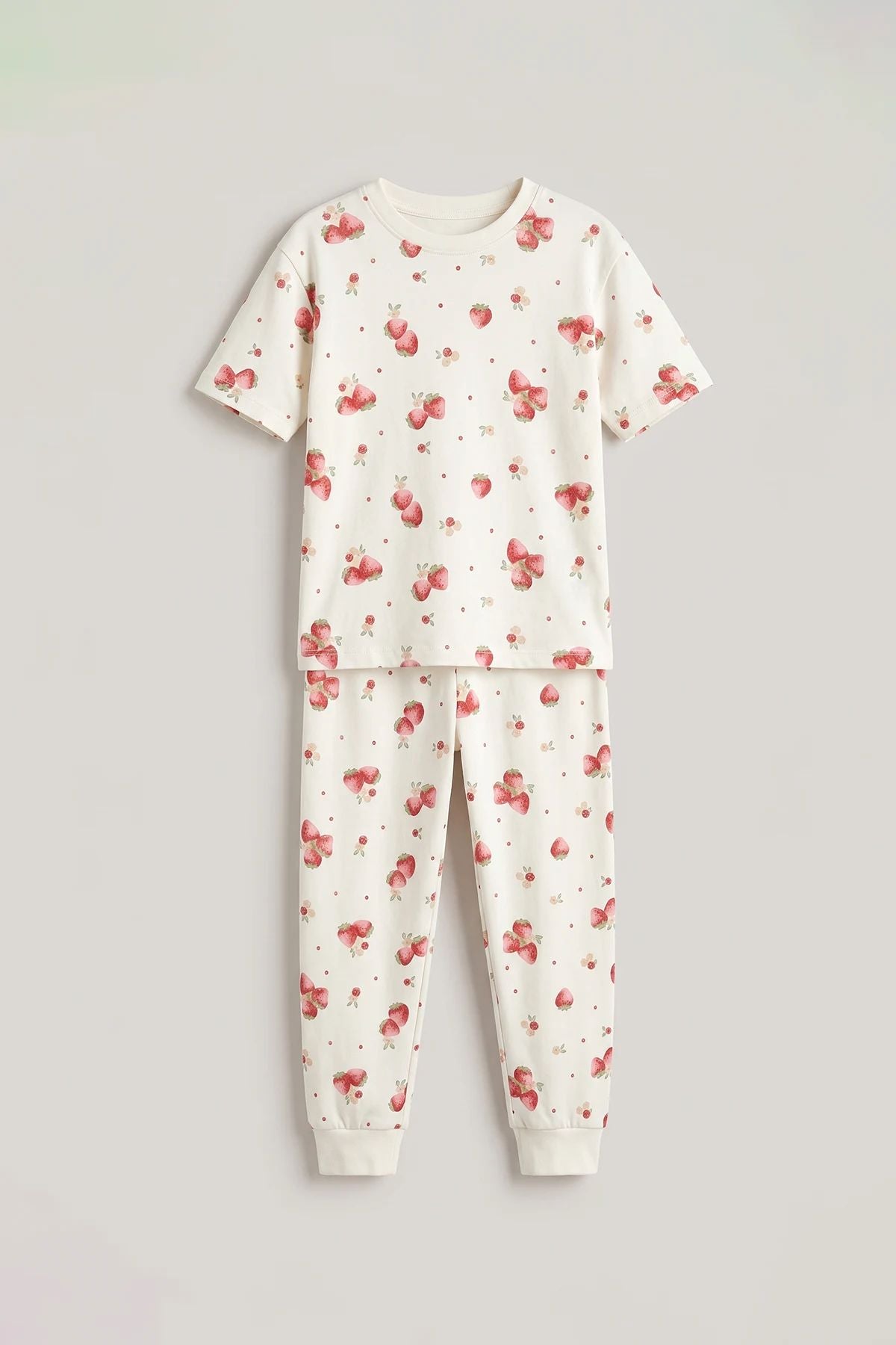 Çilek Desenli Kısa Kollu %100 Pamuk Kız Çocuk Pijama Takımı