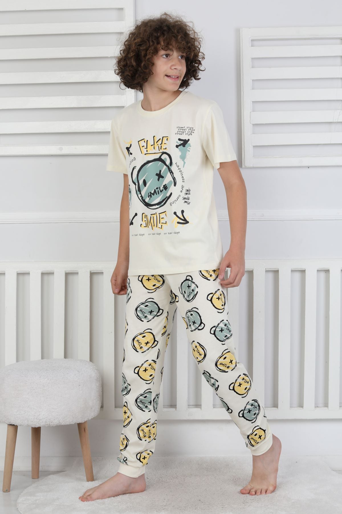 Çizgi Ayı Desenli Erkek Çocuk Pijama Takımı