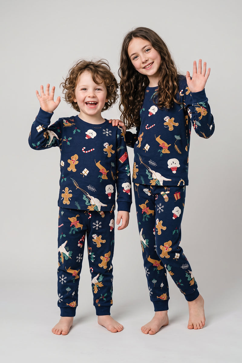 Unisex Çocuk Christmas Cookie Desenli Lacivert Pijama Takımı