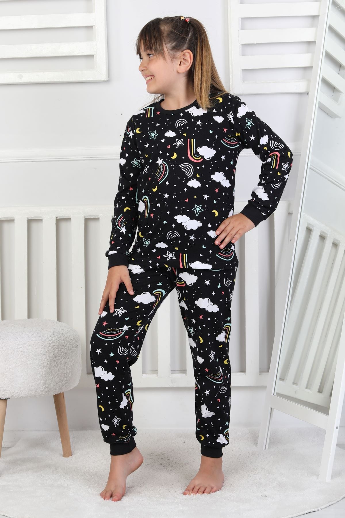 Cute Dreams Pattern Uzun Kollu Kız Çocuk Pijama Takımı